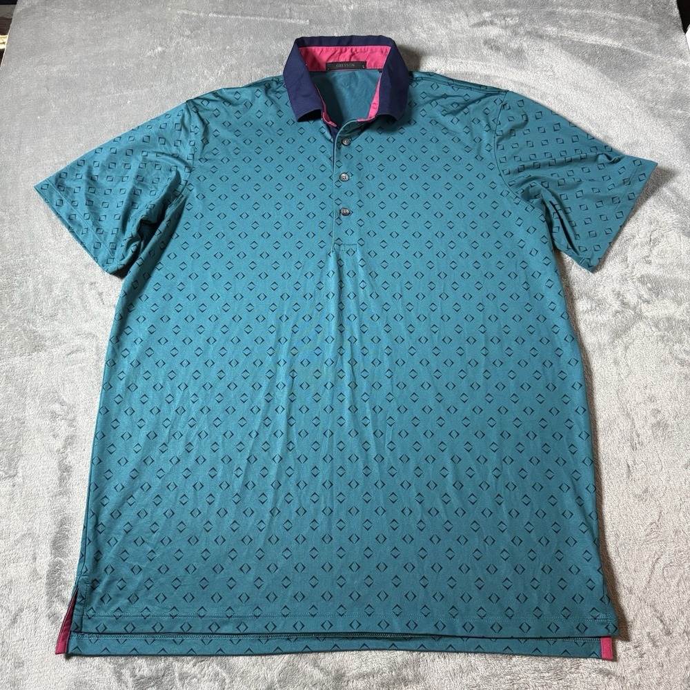 Greyson Performance Polo Shirt Mens Large Blue Geometric‎ Print Stretch Flex